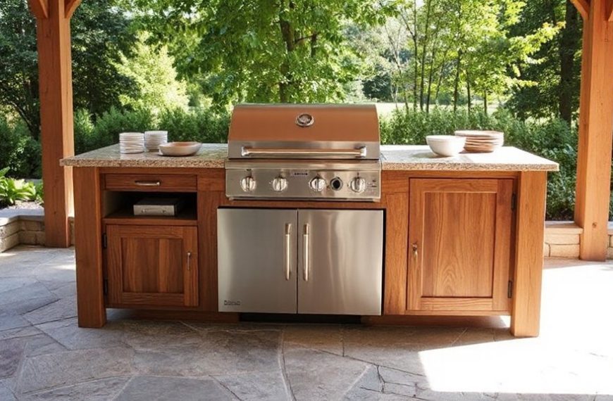 grill island with shelves