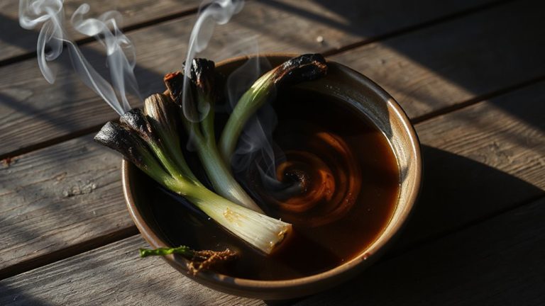 leek tops in smoked broths
